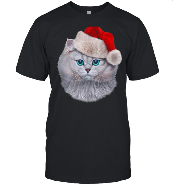 Fluffy Cat wearing Santa Claus Hat on Christmas Holiday Shirt
